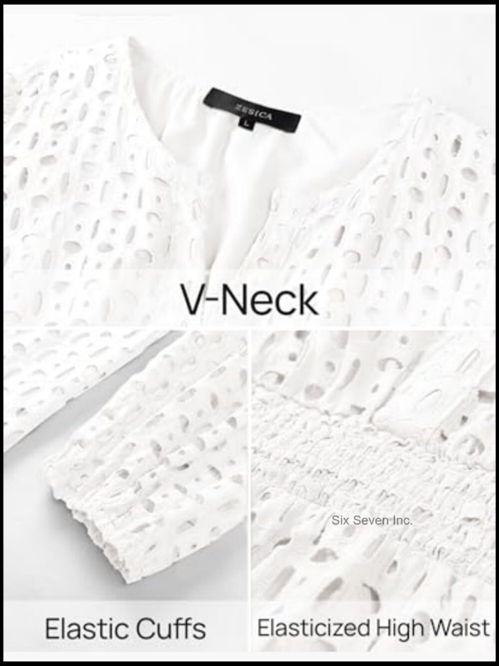 Women's Long Sleeve Mini Dress V Neck Hollow Out Eyelet Embroidery Ruffle A - Picture 6 of 7